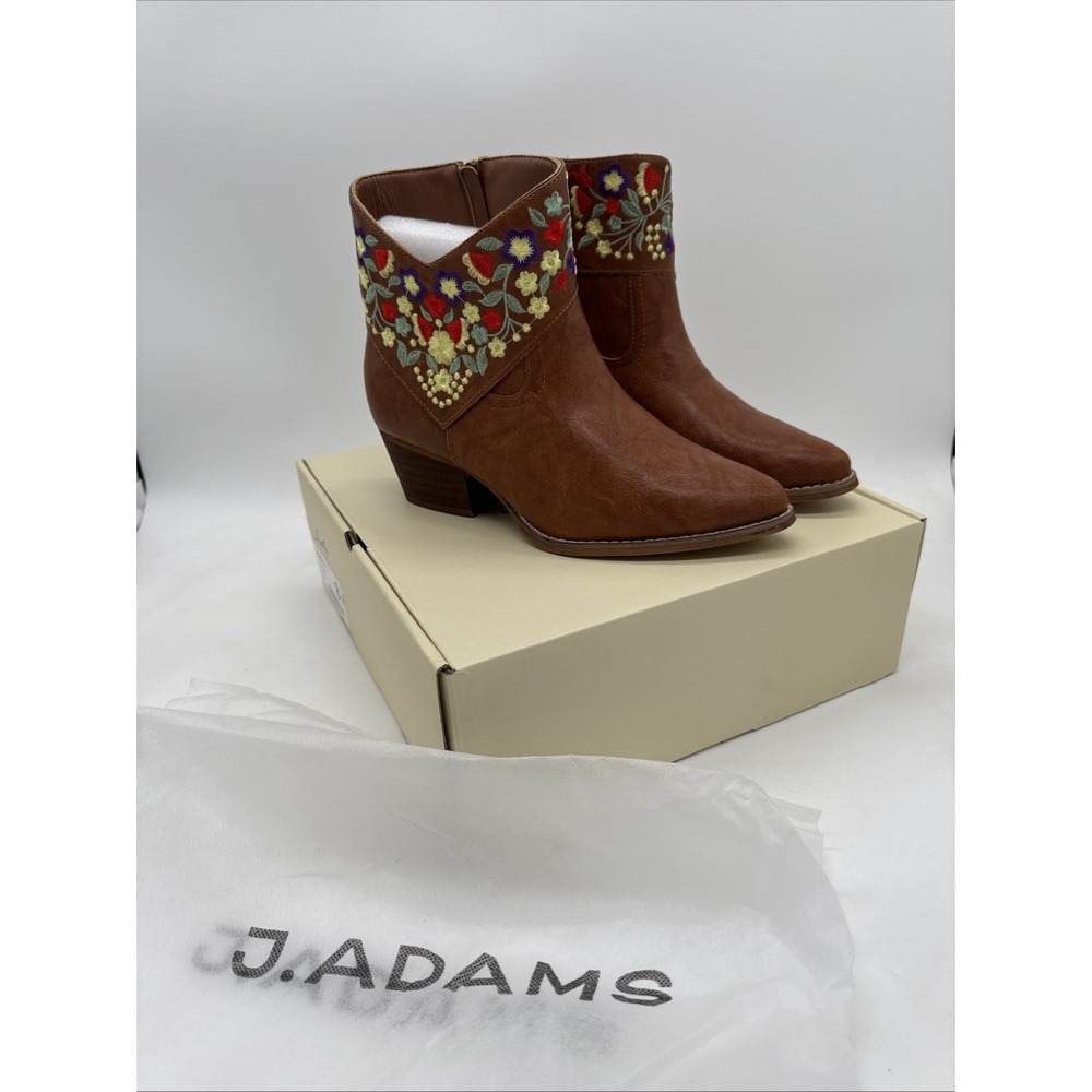 J. Adams Corral Brown Floral Embroidered Western Ankle Boots Womens‎ 8 New